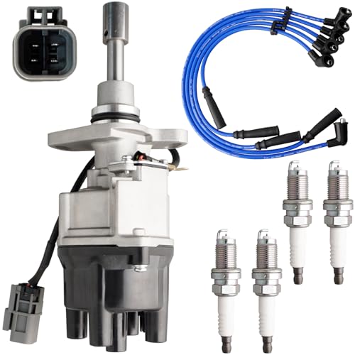 MOAUTO Ignition Distributor w/Cap & Rotor and 4 Iridium Spark Plugs with Wire Set Tune Up Kit 22100-40F00 84-1024 D4P8703 Compatible with Nissan 240SX 1989-1990 D21 1990-1994 Pickup 1995-1996