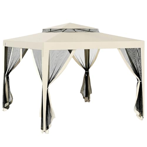 Outsunny Gazebo da Giardino 3x3 con Zanzariere Laterali, Doppio Tetto e 8 Fori di Drenaggio, Gazebo da Esterno in Metallo e Poliestere, per Giardino, Feste, Campeggio, Beige