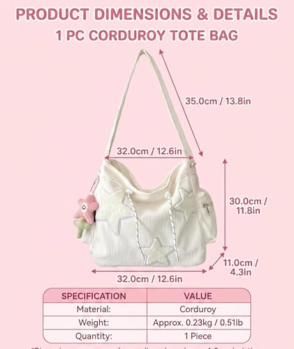 SRKSPYFD Star Design Corduroy Tote Bag White - Image 3