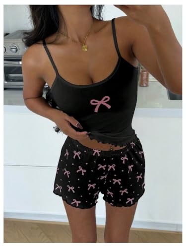 Image of OYOANGLE Women's Bow 2 Piece Pajama Set Summer Lounge Sleepwear Sets | Cute Pjs, Cami Top and Shorts Sets, Comfy Loungerwear