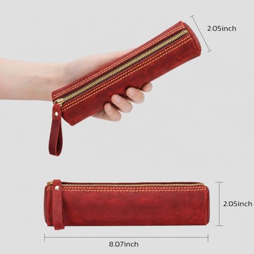 Image of ECHSRT Genuine Leather Pencil Pouch, Classic Cylinder Pen Bag - Red | Full-Grain Cowhide Leather, Crazy Horse Finish, Single Zipper, Vintage Pen Organizer for Adults