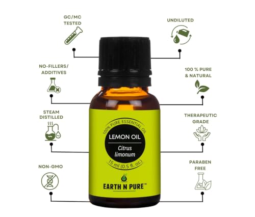 Image of Earth N Pure Lemon Essential Oil 100% Pure & Natural | for Diffuser, Aromatherapy, Skin Care, Hair Care & Cleaning | Citrus Aroma for Fresh Mood & Home Use | Undiluted Therapeutic Grade - 15ml