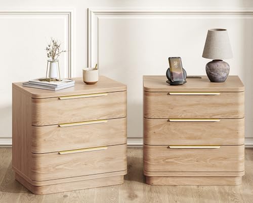 Image of Nightstands Set of 2, Bedside Table with 3 Storage Drawers, 24 inch Tall Wood Night Stand with Charging Station, Modern Wide End Table Side Table W /Metal Handle Curved Profile for Bedroom