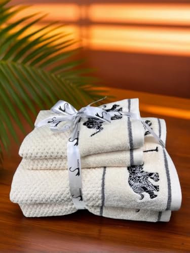 Image of SENSES By Riba Cotton Embroidered Towel Set, 550 GSM Soft & Absorbent, Antimicrobial, Oeko-Tex Certified | Ideal for Home & Gifting, Pack of 4 (2 Bath 27 inchX50 inch + 2 Hand Towels 16 inchX26 inch) - Style 16