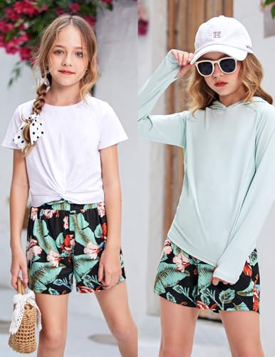 Image of Arshiner Girls Short Sets 2 Pieces Outfits Short Sleeve Tie Knot T-Shirts and Casual Shorts With Pockets Cute Clothes Sets