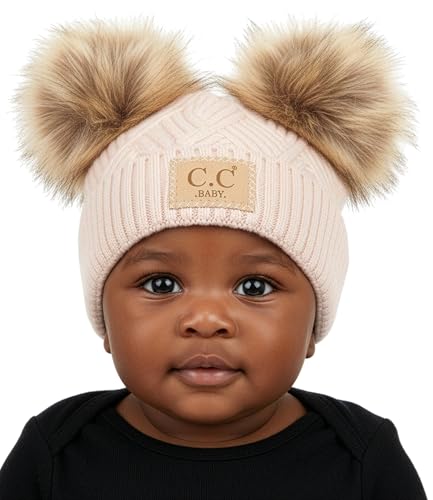 Image of Funky Junque Double Pom Pom Baby Beanie – Newborn Girl Winter Hat 0–12 Months, Cute Cozy Knit Infant Beanies for Cold Weather