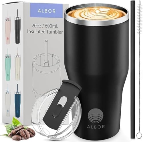 ALBOR Stainless Steel Insulated Travel Mug, 20 oz, Black, Double Wall Vacuum Technology, Leak Proof, Includes Straws and Handle