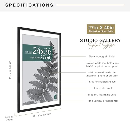 MCS Studio Gallery 27x40 Matted Poster Frame with 24x36 Picture Display, Black Woodgrain Vertical & Horizontal Wall Hanging Large Picture Frame for Photos, Posters & Art Prints (1-Pack)