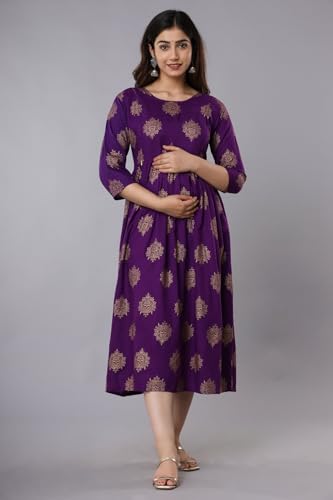 Image of Women's Cotton Floral Printed Maternity Dress Kurti with Feeding Zipper Maternity Gown for Women Feeding Dress