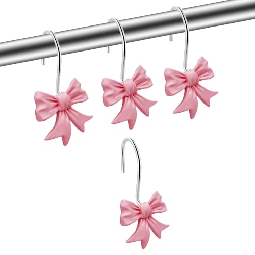 Bow Knot Decorative Shower Curtain Hooks 12pcs Pink Cute Art Deco Resin Rust Resistant Hooks Glide Shower Ring Hangs Holder Bling for Girl Bathroom Baby Room Nursery
