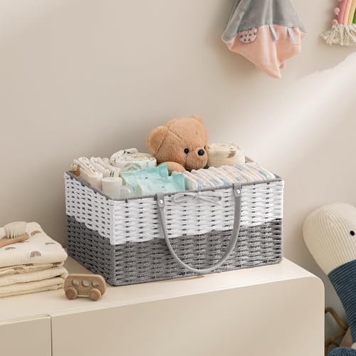 Image of HBlife Baby Diaper Caddy Organizer, Paper Rope Storage Baskets Nursery Bin with Removable Divider, Portable Car Organizer for Diapers, Baby Shower Gifts, Newborn Essentials Must Haves