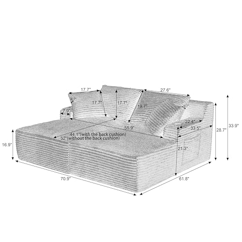 Image of KEIKI Corduroy Double Chaise Lounge with Cup Holders, Sleeper Loveseat | Compressible Boneless Design, Spring-Padded Support and No Assembly Required for Home Offices, Studios and Movie Nights