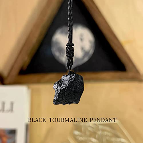 Apengshi Natural Crystal Black Tourmaline Pendant Healing Raw Stone Pendant Necklace Irregular Healing Stone Pendant Purifying Energy Reiki Meditation Security Protection