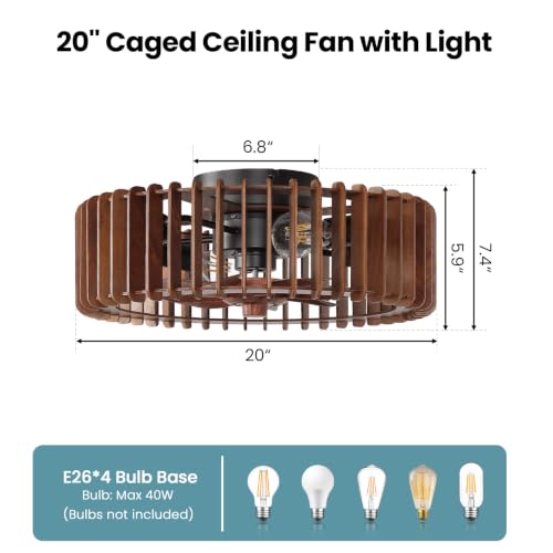 Image of 20'' Caged Low Profile Fandelier ceiling fan with light and Remote Walnut
