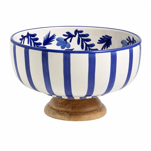 Mud Pie Blue Ceramic Pedestal Bowl, Decorative Fruit and Serving Bowl