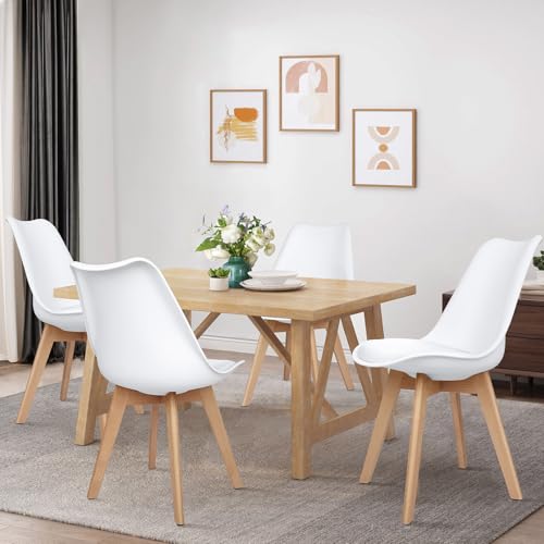 ALFORDSON Dining Chair PU Leather Set of 4 with Wood Legs, Kitchen Cafe Chair with Ergonomic Backrest & Anti-Slip Floor Protectors, Max 150kg, White