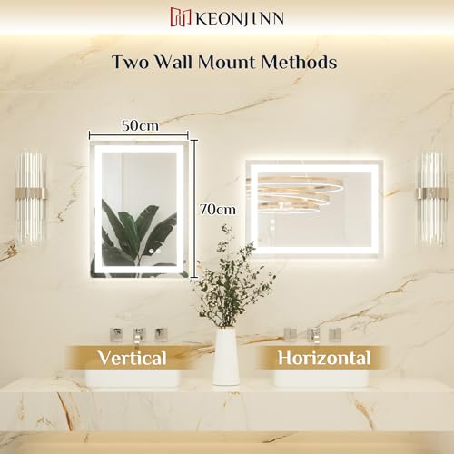 Keonjinn 50x70cm Bathroom Mirror with Led Lights, Antifog Vanity Mirror Back and Frontlit 3 Colour Dimmable Illuminated Wall Mounted Rectangle Mirrors - Cosy Home Interiors Keonjinn 50x70cm Bathroom Mirror with Led Lights, Antifog Vanity Mirror Back and Frontlit 3 Colour Dimmable Illuminated Wall Mounted Rectangle Mirrors - Image 2