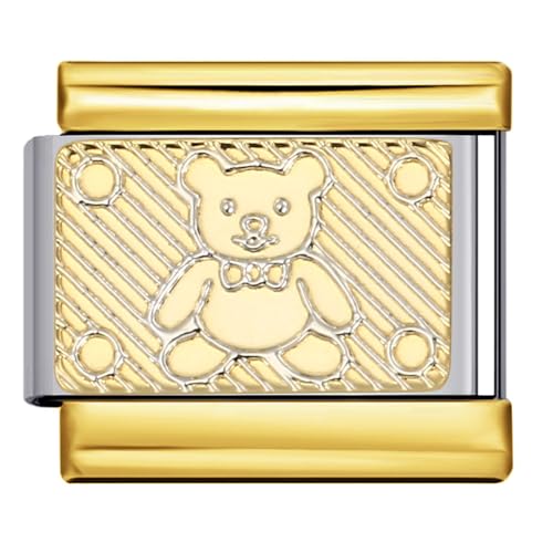 Pulsera de acero inoxidable con eslabones italianos de 9 mm de color dorado y plateado de oso de peluche compatible con pulsera Nomination de 9 mm
