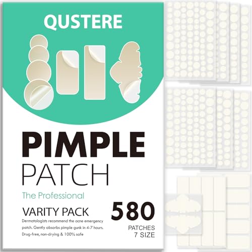 QUSTERE 580 Count Pimple Patches for Face Large Hydrocolloid Acne Patches Stickers Bandages Blemishes Zit Breakouts for Cheeks Forehead Chin Nose for Full Face & Body | 7 Sizes | 4 Shapes