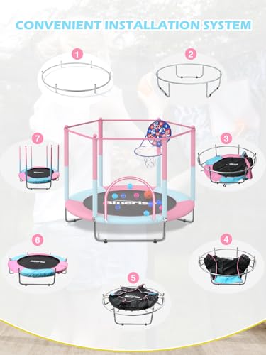 BLUERISE 60\" Trampoline for Kids, 5 FT Small Toddler Indoor & Outdoor Trampoline, Basketball Hoop & Dart Board, Baby Toys, Gifts for Boy and Girl, Baby Toddler Christmas Toys Pink - Thumbnail 6