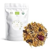 Tisana de Arándanos y Melocotón a Granel 100 Gramos Cultivo Sostenible - Ingredientes Naturales: Arándano, Caléndula, Cardamomo, Hojas de Olivo, Manzana, Melocotón, Uva Pasa.