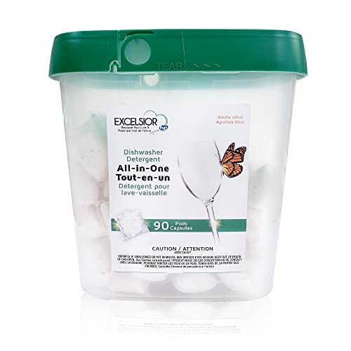 Image of Excelsior HE All-In-One Dishwasher Detergent Pods includes 90 Dishwasher pods with built-in rinse aid for an amazing shine & leaving a gentle citrus scent