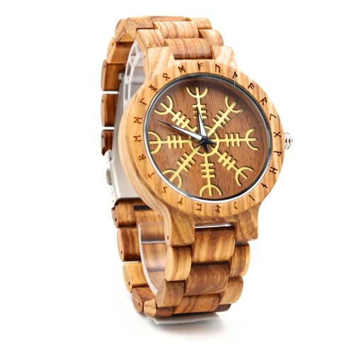 VikingsBrand Viking Wooden Watch with Helm of Awe, Aegishjalmur Viking Symbol & Engraved Die in Battle & Go to Valhalla Saying and Runic Circle (Helm of Awe)