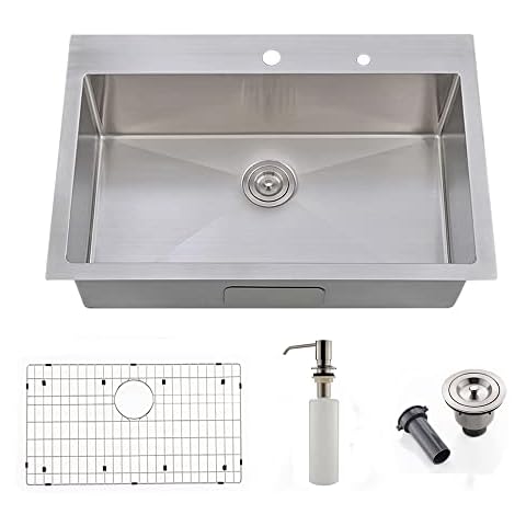 Kitchen Sink drop in-VOKIM 28"x 22" Inch 16 Gauge Commercial Large Topmount Drop-in Single Bowl Basin Handmade Stainless Steel Kitchen Sink, With Dish Grid and Basket Strainer ,Soap Dispenser Cover