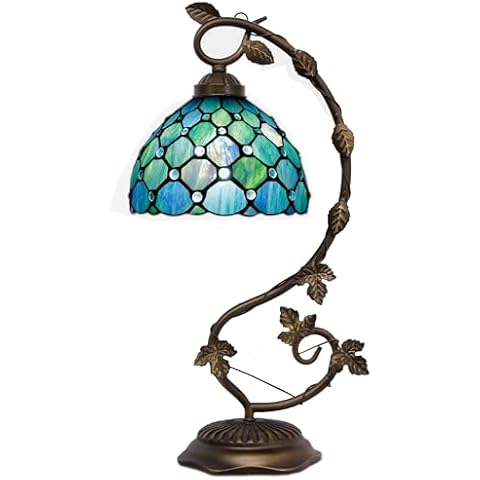 ZJART Tiffany Lamp Sea Blue Pearl Stained Glass Table Lamp Metal Leaf Desk Reading Light 8X10X21 Inch Decor Small Space Bedroom Home Office Cover