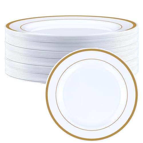 JEUIHAU Lot de 40 assiettes en plastique blanc de qualité supérieure avec bord doré, réutilisables pour fêtes, mariages, traiteurs, anniversaires
