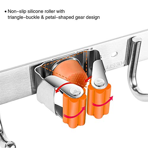 Poprun Broom Mop Holder Wall Mount Hangers,Organizer And Storage Clip For Utility Closet, Laundry, Garage/Kitchen/Garden Tool,Vacuums,And Cleaning Supplies, Stainless With 3 Racks 4 Hooks (Orange) #TOP5