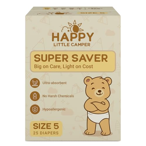 Image of Happy Little Camper Super Saver Diapers, Size 5, 25 Count | Budget-Friendly Disposable Diapers for Sensitive Skin | Hypoallergenic, Fragrance-Free, Ultra Absorbent