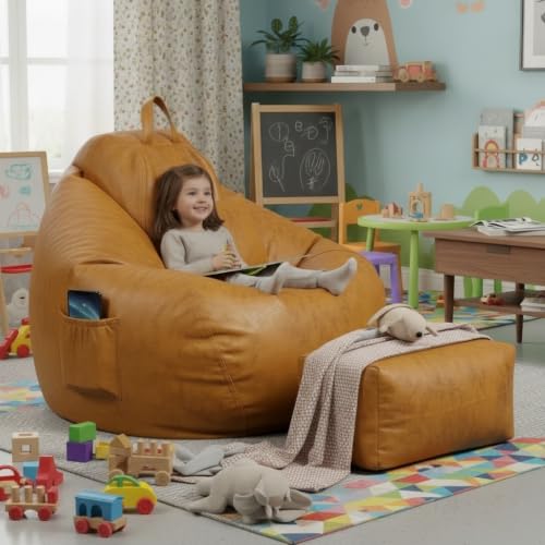 Image of KAM'S LIEU 4XL Suede Bean Bag Chair with Footrest & Cushion | Filled with High Density Polystyrene Beans | Premium Soft Fabric | Teardrop Design with Handle | Ready to Use Color- (Yellow, Bean Bag)