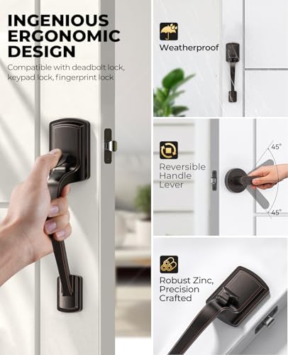 Image of Bronze Front Door Handle No Lock, Heavy Duty Front Door Lock Set | Brushed Exterior Door Handle No Lock for Every Deadbolt, Zinc Exterior Door Lock, Entry Handleset, Easy Install, Universal