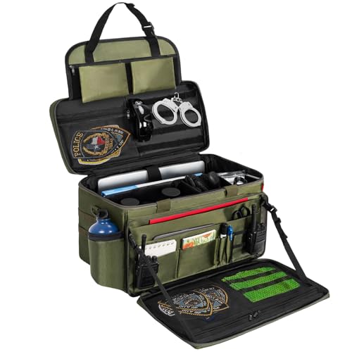 Image of Patrol Bag Law Enforcement, Police Gear Bag Car Front Seat Organizer for Police with Laptop Layer and Cup Holders, MOLLE System, Fits Vehicle Passenger Seat, Army Green