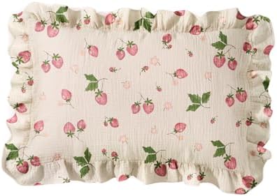 1 Pack Toddler Pillowcase - 13x18 Cotton Muslin Pillow case with Ruffles, Envelope Closure Design, Cute Cartoon Soft Breathable Pillow Case for Kids Baby Toddler Girls Boys, Strawberry