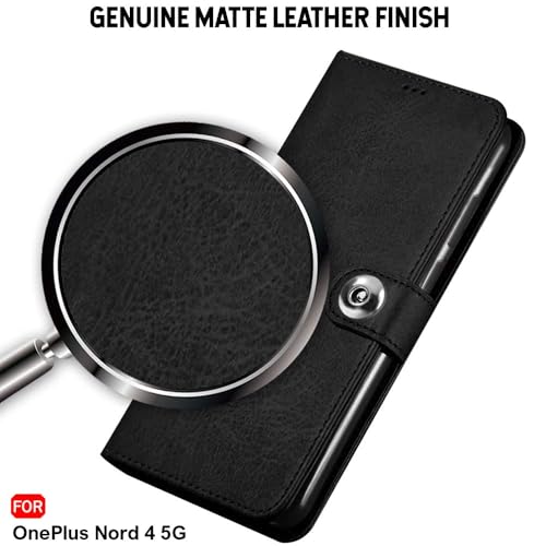 Image of TheGiftKart Genuine Leather Finish Flip Back Cover Case for OnePlus Nord 4 5G | Inbuilt Pockets & Stand | Wallet Style | Designer Button | Flip Cover Back Case for OnePlus Nord 4 (Faux Leather, Black)