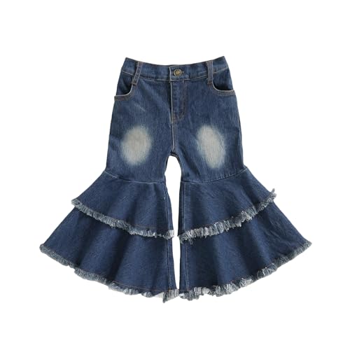 MBMSHEGH Toddler Kids Girls Bell Bottom Jeans Ruffle Flare Raw Hem Denim Pant Trousers High Waisted Wide Leg Pants Leggings