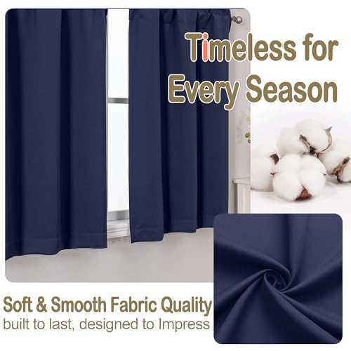 Image of Navy Blue Blackout Curtains for Small Window Treatment, Light Blocking Short Kitchen Window Curtains Over Sink, Dual Rod Pocket Half Window Tiers for Bathroom Basement, 2x40Wx36L Inches