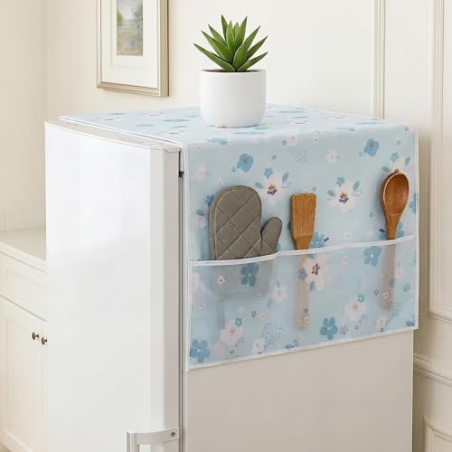Image of Refrigerator Top Cover,PEVA Washable Waterproof Washable Fridge Cover Double Door & Single Door Protection,Durable Dust & Stain Resistant,130x55 CMS,Blue Flower