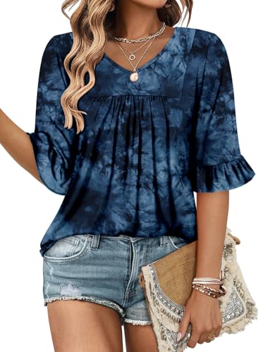 CHICZONE Bell Sleeve 3/4 Length Tops Blouses for Women Ladies Business Casual Tie Dye Blue Shirts XL