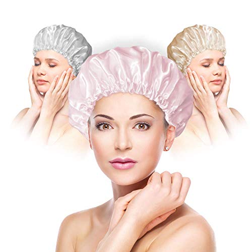 PUSSAER 3Pack Shower Cap for Women Long Hair, Reusable EVA Extra Large Shower Hair Hat, Double Waterproof Protection, Kids, Men(Pale Gray, Light Brown, Peach Pink 13 inches)