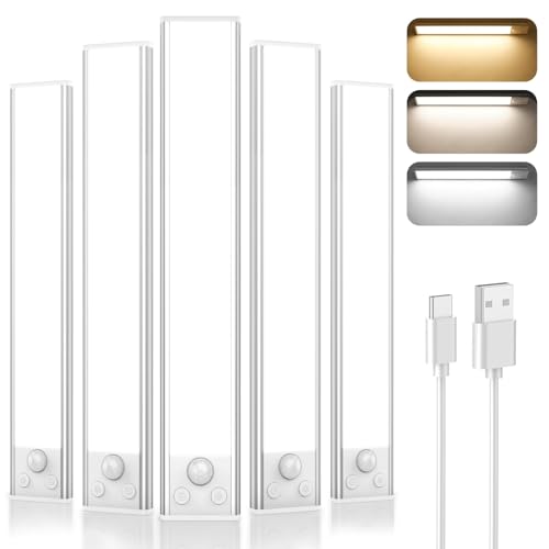 Image of Under Cabinet Lighting, 5-Pack 10 inch 2200mAh Rechargeable Battery Operated Motion Sensor Lights Indoor, Wireless Dimmable Magnetic Under Counter Closet Night Lights for Kitchen, Stair