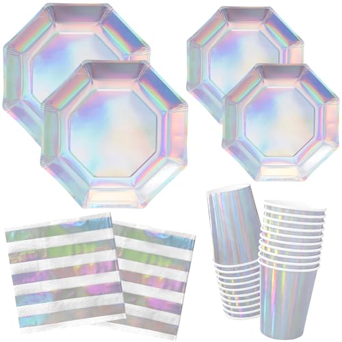 Iridescent Party Supplies - Disposable Paper Plates, Cups and Napkins, Ideal for Birthday, Mermaid Themed Events & Birthday or Wedding Party Decoration - Serves 16
