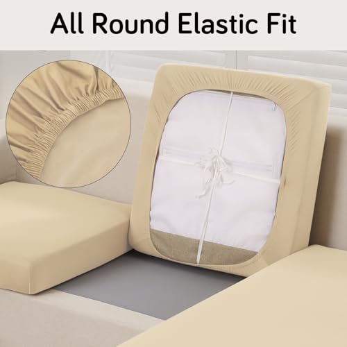 Image of HOKIPO Polyester 100% Waterproof 140GSM Stretchable Sofa Seat Cushion Cover 2 Seater, Beige (AR-5353-BGE)