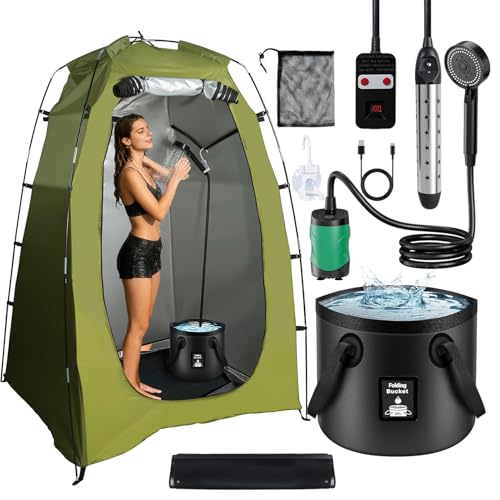 Portable Hot Shower for Camping, 1500W LCD Screen Immersion Heater Shower Tent Kit, Rechargeable LCD Screen Camping Shower Pump 6800mAh, 5.3 Gallons Folding Bucket, Ultra-long Life for Camping Outdoor