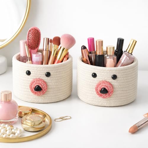 Image of Teddy Eco-Friendly Cotton Rope Basket Set of 2 (6x6 Inch) - Remote Holder for Living Room & Remote stand for Table, Makeup organisers, Jute Planter Basket & Jute Pots for Plants (White - Combo)