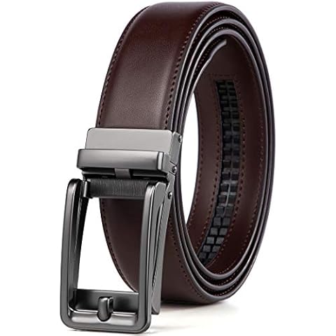 Founders & C Men's Leather Ratchet Comfort Click Belt Dress with Slide Buckle -Adjustable Trim to Fit (22"-38" Waist Adjustable, Matted Gun Buckle W Brown Leather) Cover