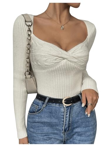 MakeMeChic Women's Sweetheart Twist Long Sleeve Sweater Cable Knit Fitted Pullover Top