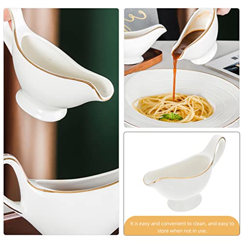 Ceramic Gravy Boat Pourer Dish: Porcelain Creamer Pitcher with Handle Steak Gravy Boat Milk Jug with Gold Trim Condiment Bowl Sauce Dispenser - Image 4